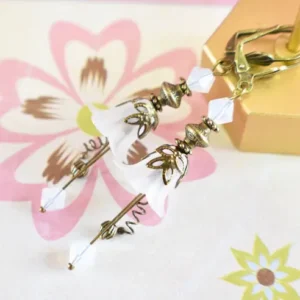 Vintage Victorian Style White and Antique Bronze Bell Flower Lucite Earrings