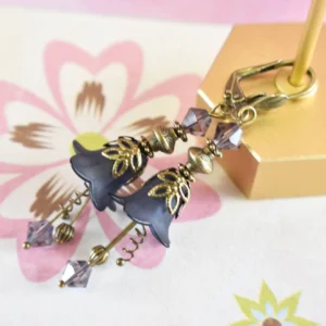 Vintage Victorian Style Dark Prussian Blue and Antique Bronze Bell Flower Lucite Earrings