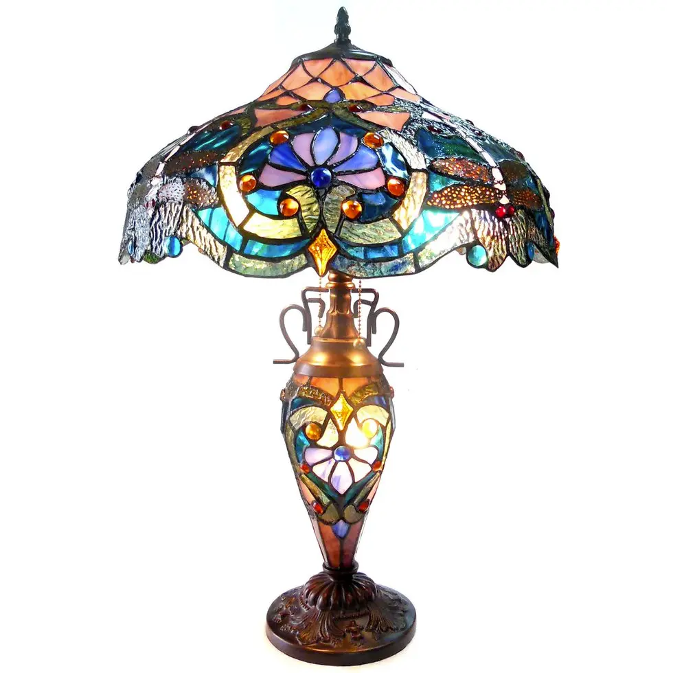 LYDIA Tiffany-style 3 Light Victorian Double Lit Table Lamp 17" Shade