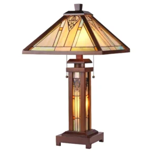 ZELLA Tiffany-style Mission 3 Light Double Lit Wooden Table Lamp 15" Shade