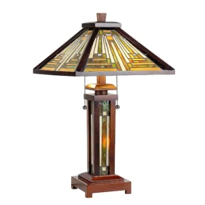 INNES Tiffany-style 3 Light Mission Double Lit Wooden Table Lamp 15" Shade