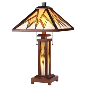 LAMORAK Tiffany-style Mission 3 Light Double Lit Wooden Table Lamp 15" Shade