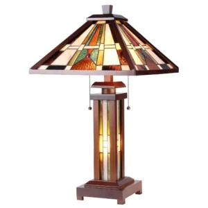 PERCIVAL Tiffany-style Mission 3 Light Double Lit Wooden Table Lamp 15" Shade