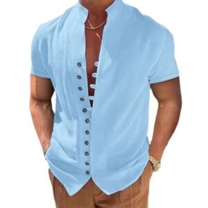 Men's retro cotton and linen button up stand up collar short sleeved shirt