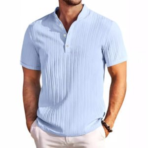 Retro cotton and linen striped Henry shirt casual loose fit shirt