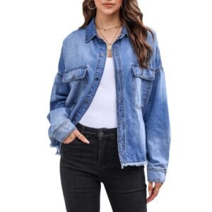 Long sleeved American washed distressed collar vintage denim shirt for women