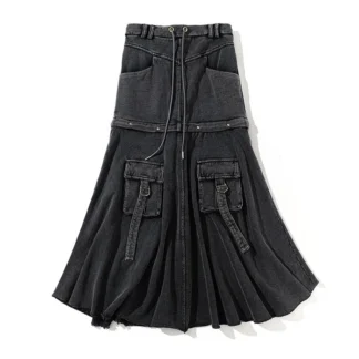 Y2K Vintage Pocket Baggy Black Denim Skirt 2023 Spring Women's Grunge High Waist Basic A-Line Streetwear Skirt Female Clothes