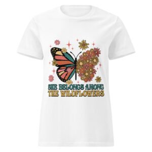 She Belongs Among The Wildflowers T-Shirt | Boho Butterfly & Floral Design - Women’s basic softstyle t-shirt