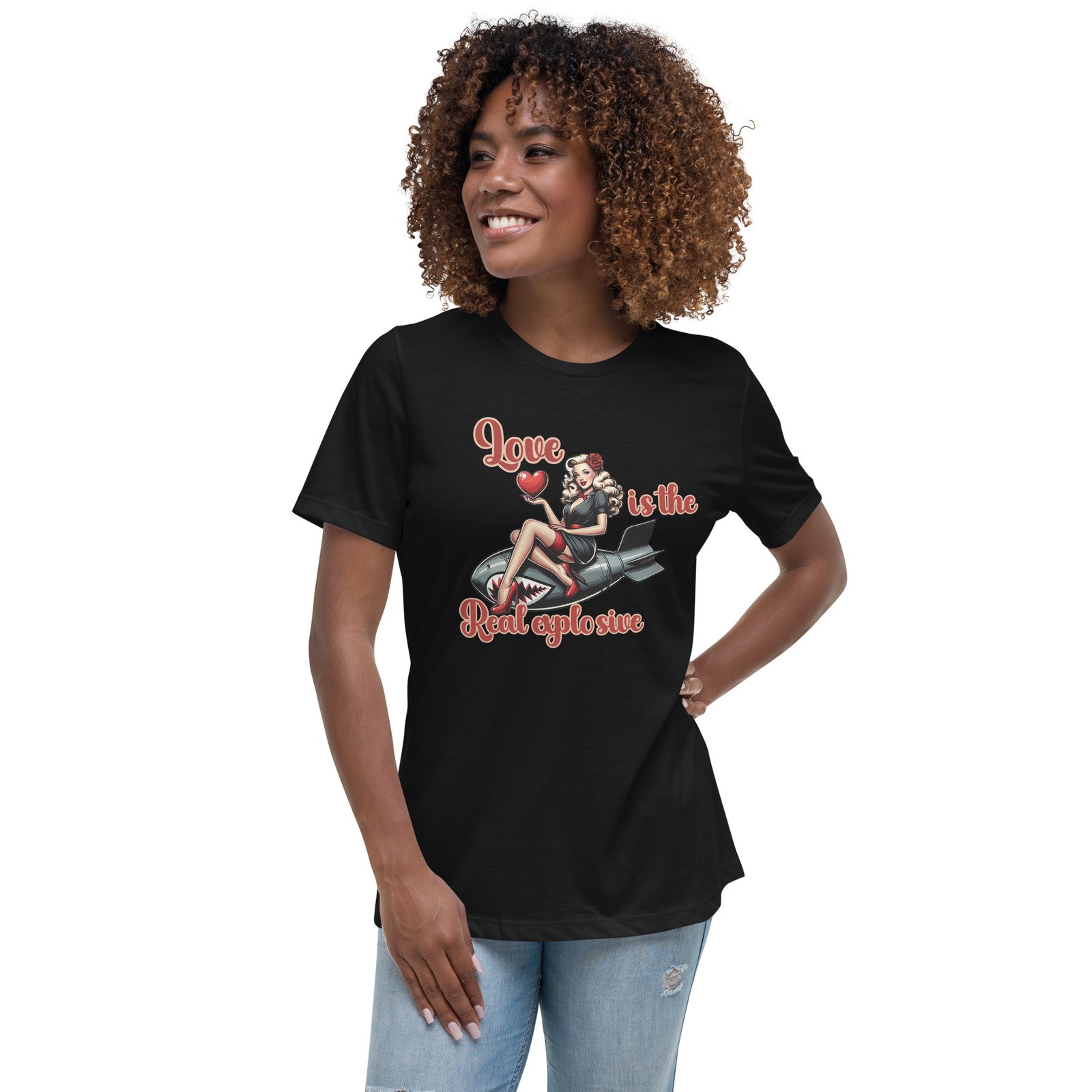 Love Is The Real Explosive T-Shirt | Retro Pin-Up Girl Bomb Design - Women's Relaxed T-Shirt - Image 3
