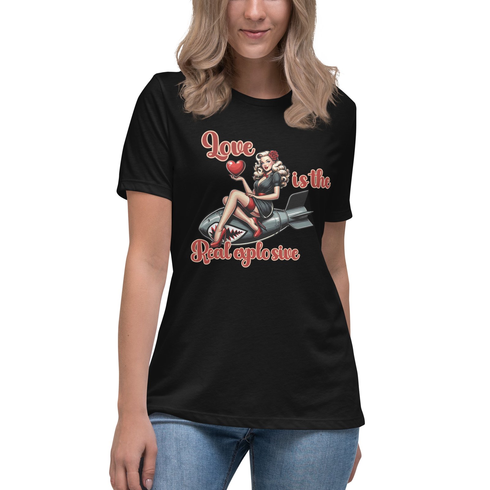 Love Is The Real Explosive T-Shirt | Retro Pin-Up Girl Bomb Design - Women's Relaxed T-Shirt - Image 4