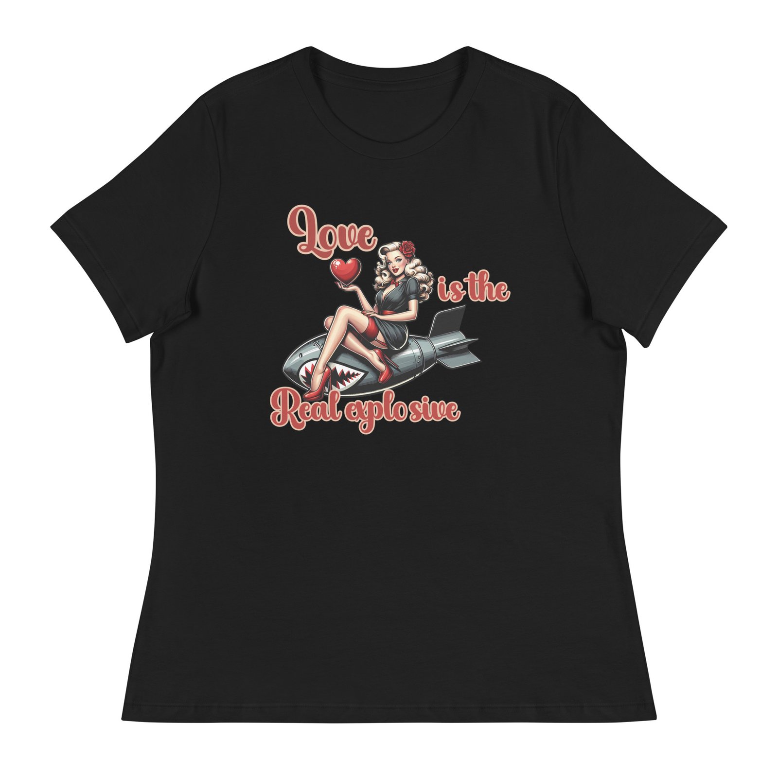 Love Is The Real Explosive T-Shirt | Retro Pin-Up Girl Bomb Design - Women's Relaxed T-Shirt - Image 5