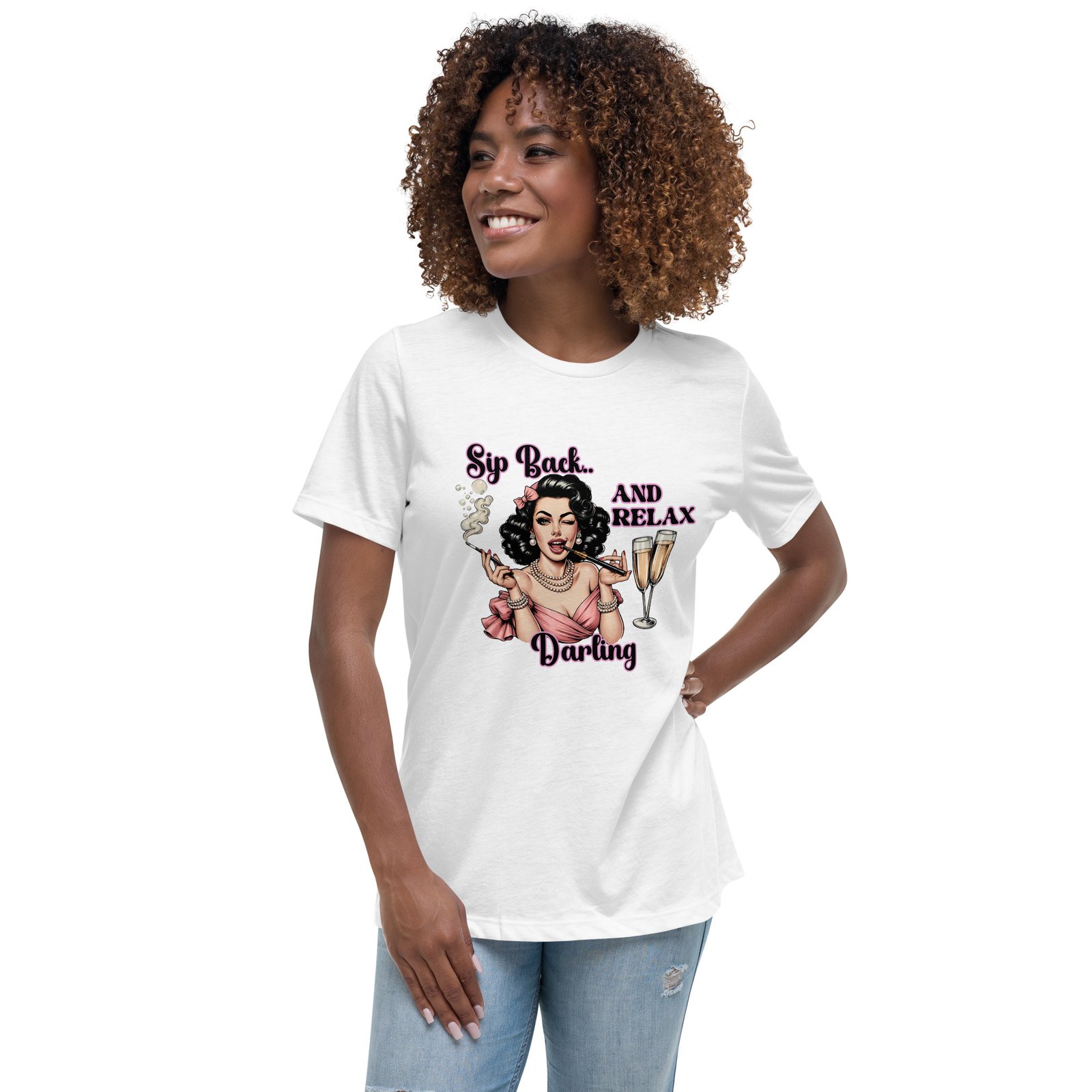 Sip Back and Relax Darling T-Shirt | Retro Glam Champagne Graphic Tee - Women's Relaxed T-Shirt - Image 3