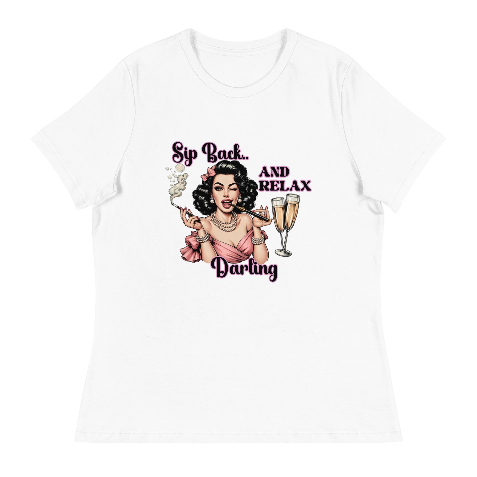 Sip Back and Relax Darling T-Shirt | Retro Glam Champagne Graphic Tee - Women's Relaxed T-Shirt - Image 7
