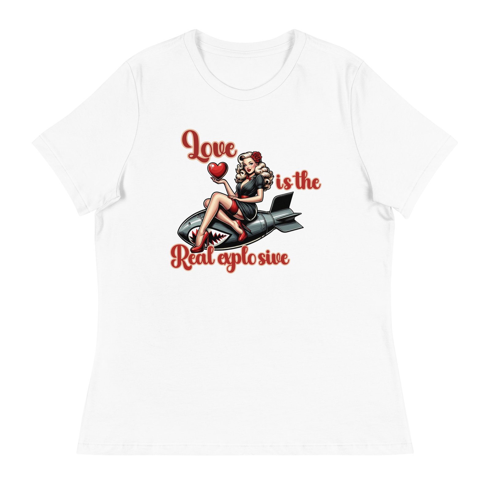 Love Is The Real Explosive T-Shirt | Retro Pin-Up Girl Bomb Design - Women's Relaxed T-Shirt - Image 6