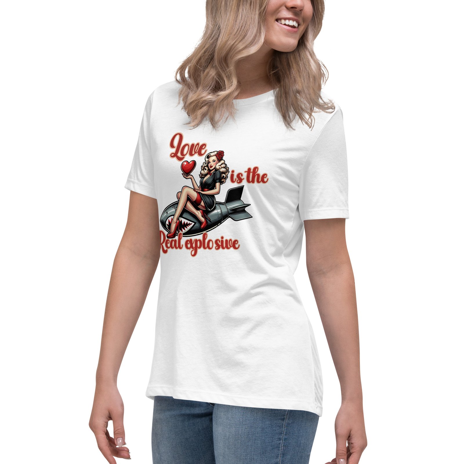 Love Is The Real Explosive T-Shirt | Retro Pin-Up Girl Bomb Design - Women's Relaxed T-Shirt - Image 2